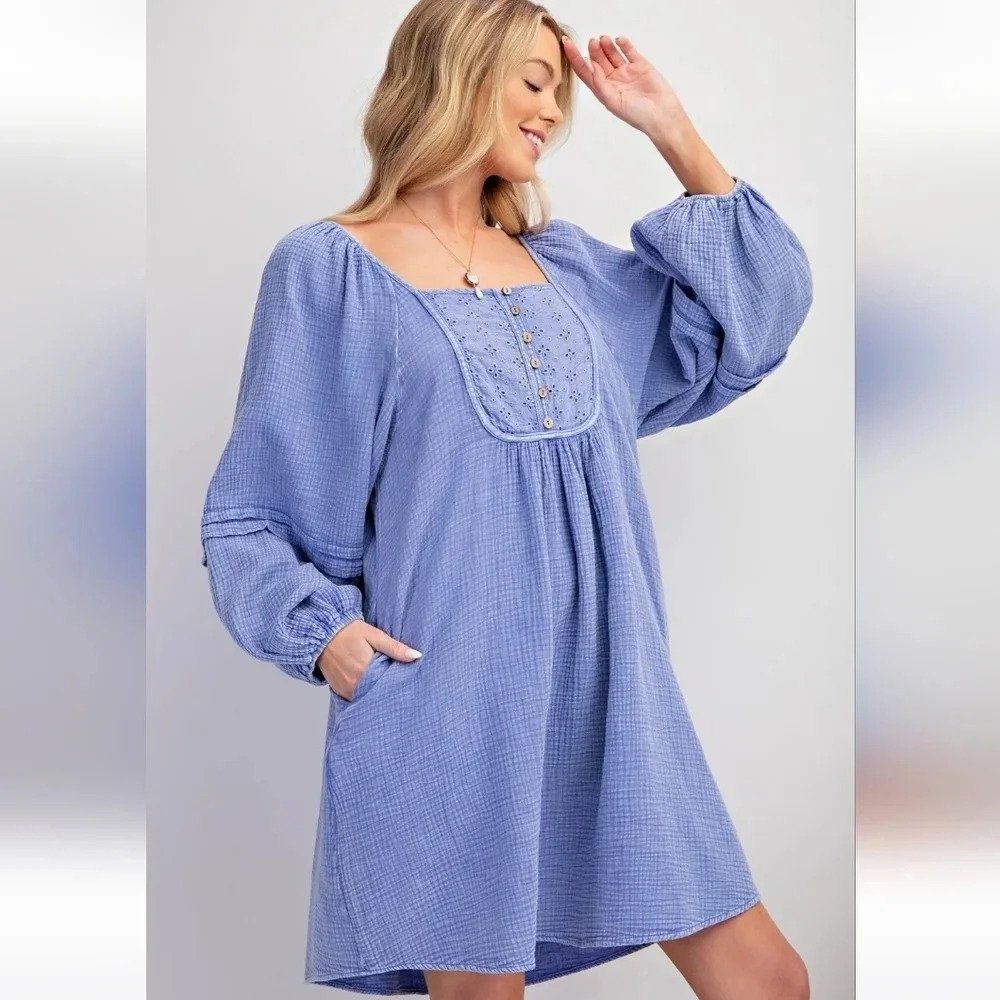 Easel Mineral Washed Cotton Gauze Babydoll Dress Long Sleeve Lilac New